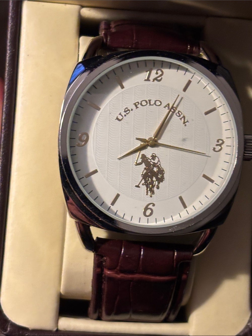 U.S. Polo Assn. White Dial Gold Accents Brown Leather-Style Strap Watch